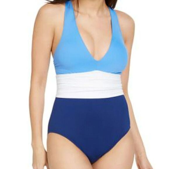 984 L Ralph Lauren Color-Block Twist Back Halter One-Piece Swimsuit BLUE sz 10 - Picture 1 of 2
